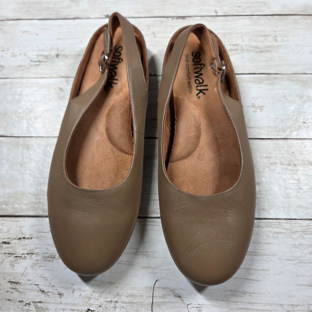 SoftWalk S2119-117 Slingback Flats Women 9.5 W Taupe Brown Leather Buckle Strap